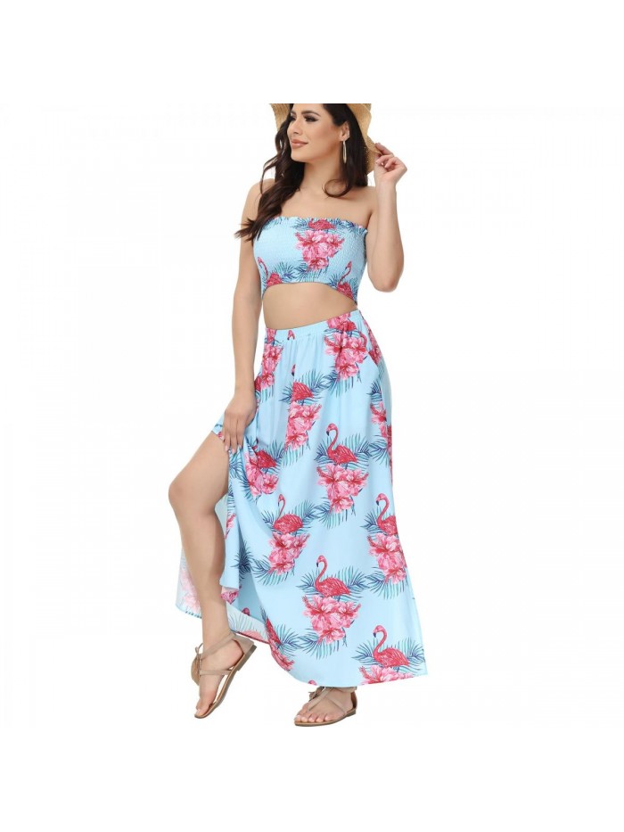 2 Piece Hawaiian Outfits for Women Summer Vacation Beach Floral Crop Top Maxi Skirt Set Luau Split Dress with Pocket 