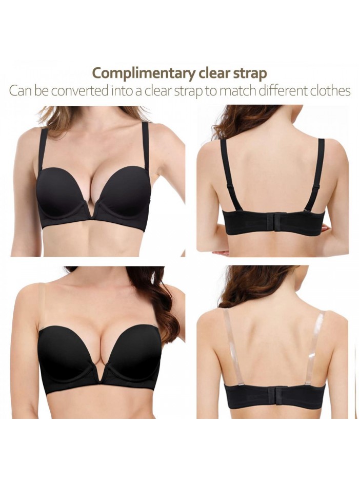 Deep V Plunge Push Up Underwire Bra Low Cut Adjustable Convertible Padded Bras for Women with Clear Strap 