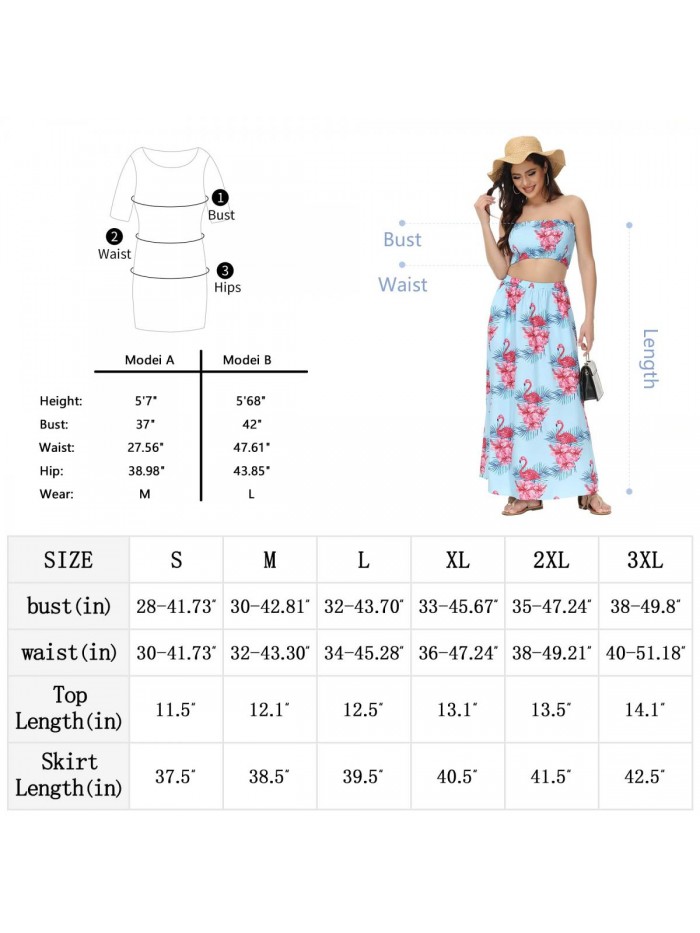 2 Piece Hawaiian Outfits for Women Summer Vacation Beach Floral Crop Top Maxi Skirt Set Luau Split Dress with Pocket 