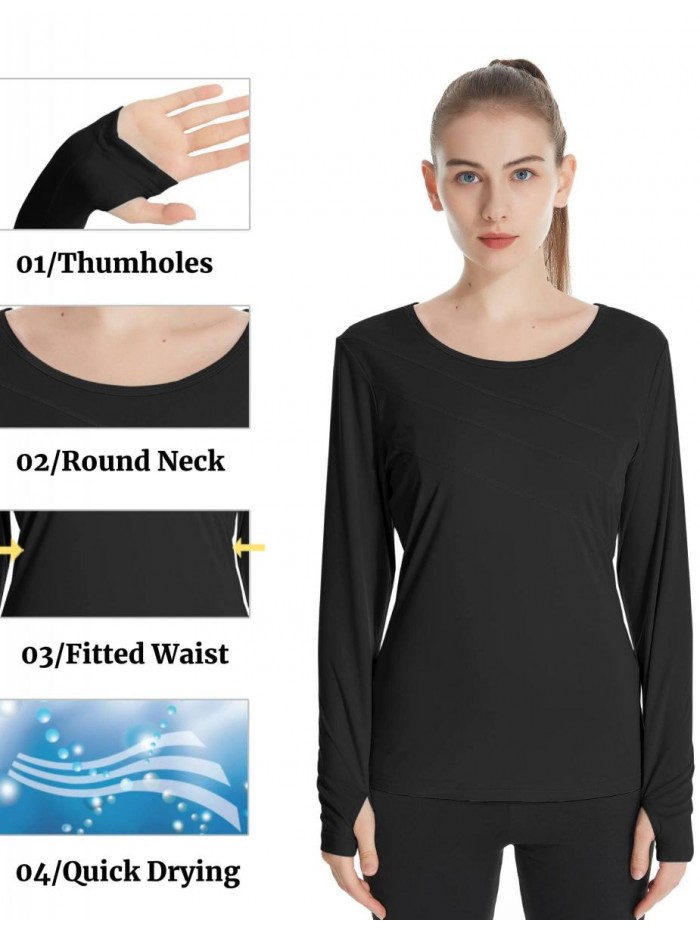 Running Tops for Women Long Sleeve UPF 50+ UV Sun Protection Shirt O Neck Quick Dry Rash Guard T-Shirt with Thumbholes 