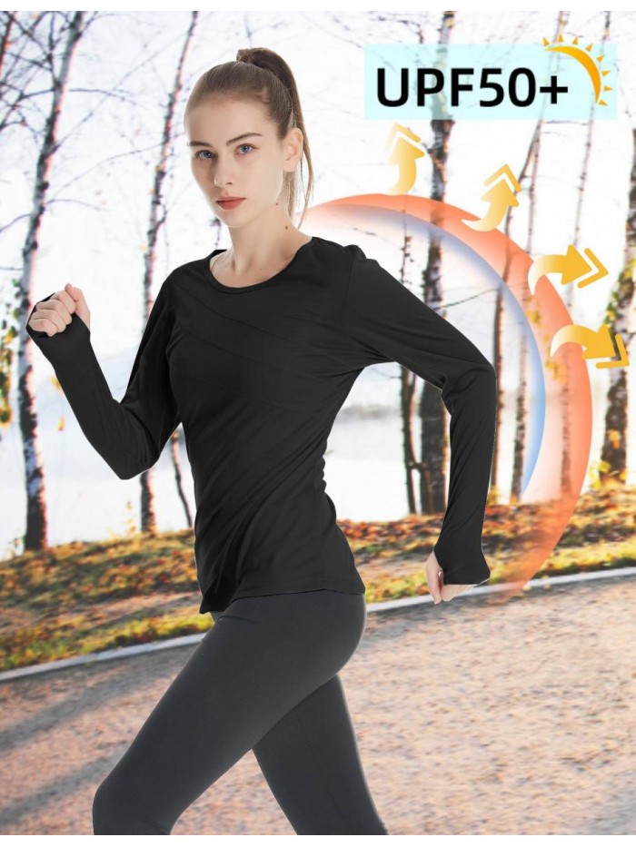 Running Tops for Women Long Sleeve UPF 50+ UV Sun Protection Shirt O Neck Quick Dry Rash Guard T-Shirt with Thumbholes 