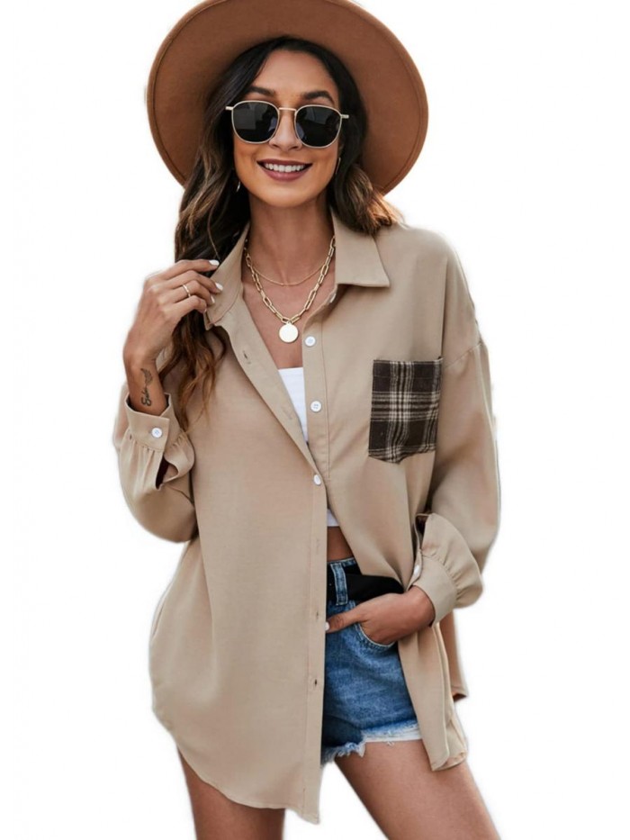 Plaid Color Block Button Down Blouses Casual Long Sleeve Shacket Tops Shirt 