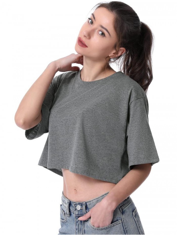 Pyro 4-Pack Women's Cotton Crop T-Shirts Short Sleeve Solid Cropped Athletic Top Round Neck Casual Workout Yoga Tees 