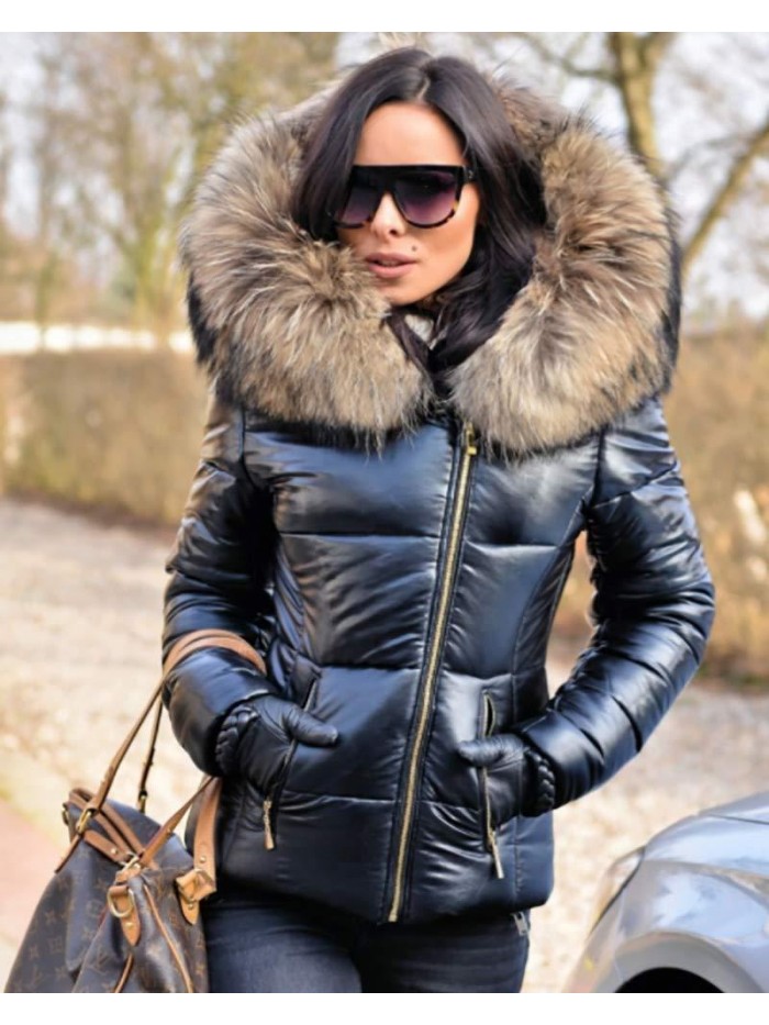 Aofur Womens Ladies Quilted Winter Coat Fur Collar Hooded Down Jacket Parka Outerwear