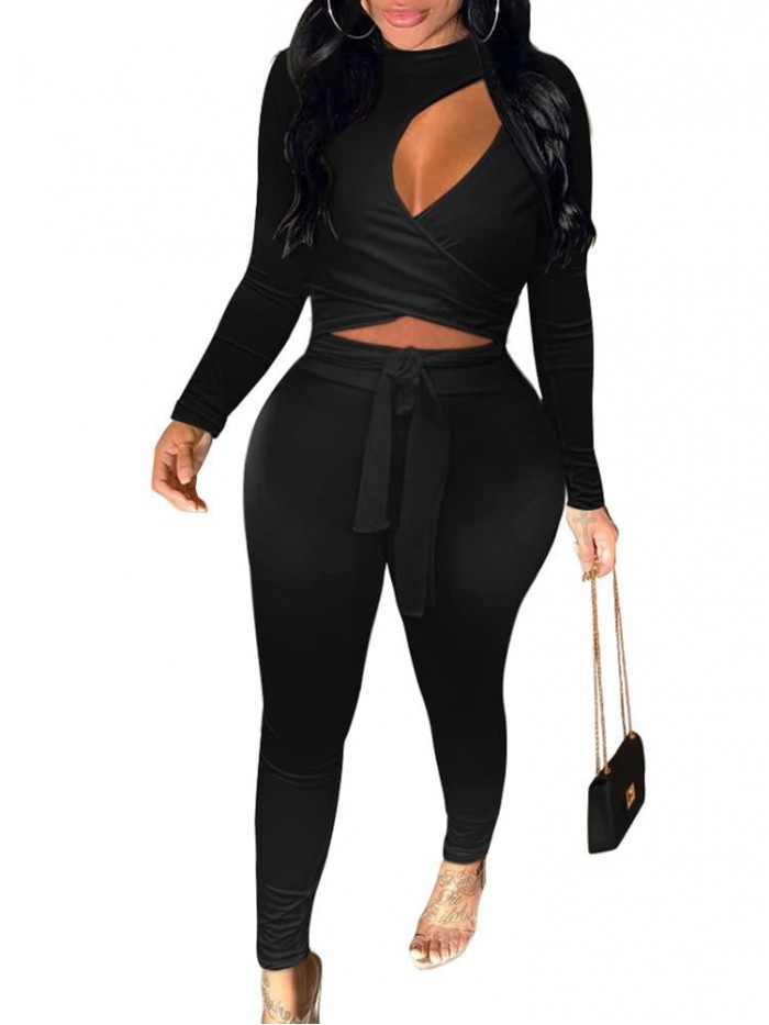 Women's Long Sleeve Bodycon Cutout Wrap One Piece Jumpsuit Romper 