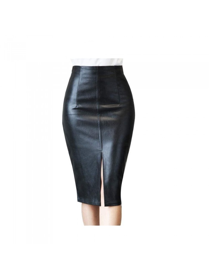 Faux Leather Skirt High Waisted Stretch Split Midi Hip Skirt 