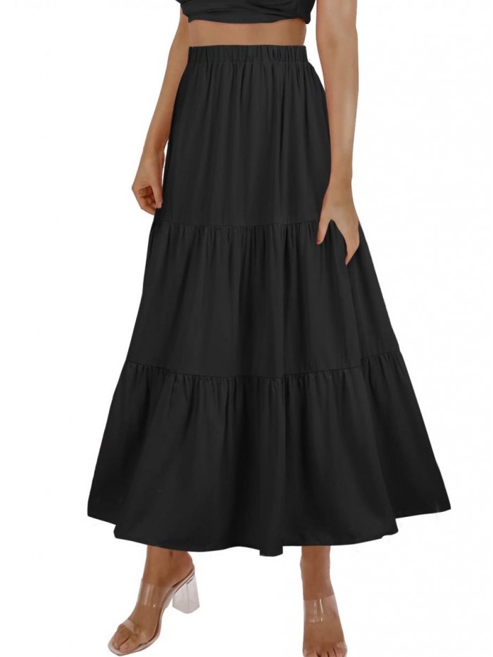 Women's Boho Elastic High Waist Ruffle A Line Swing Beach Long Maxi Skirt with Pockets 