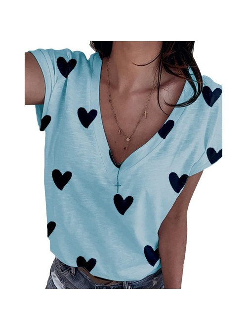 Print Heart V Neck T Shirts Casual Loose Short Sle...