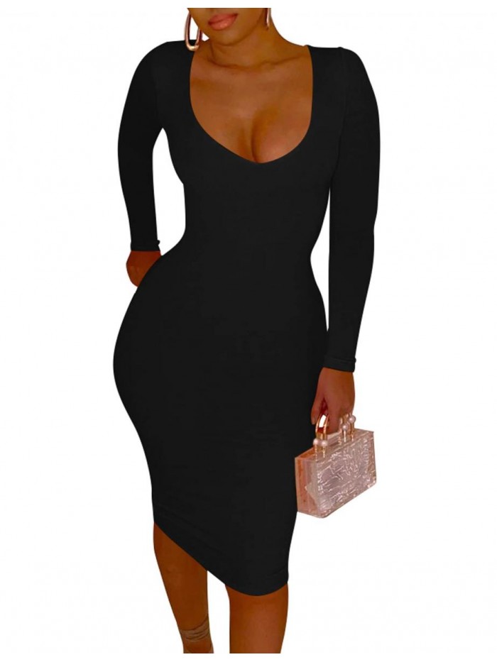 Women's Sexy Long Sleeve Bodycon V Neck Midi Club Party Pencil Dresses 