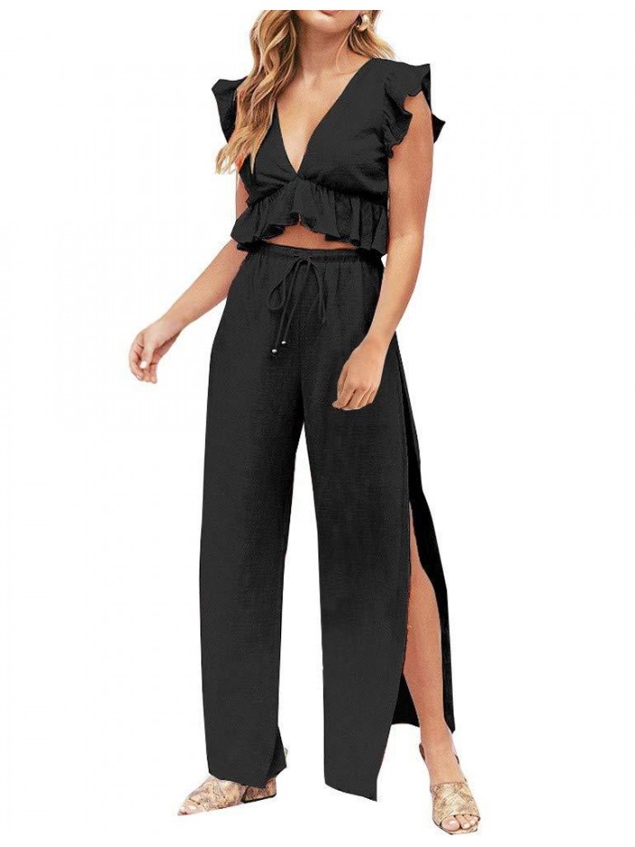 Womens 2 Pieces Outfits Deep V Neck Crop Top Side Slit Drawstring Wide Leg Pants Set Jumpsuits 