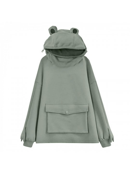Novelty Frog Hoodie, Cute Long Sleeve Solid Color ...