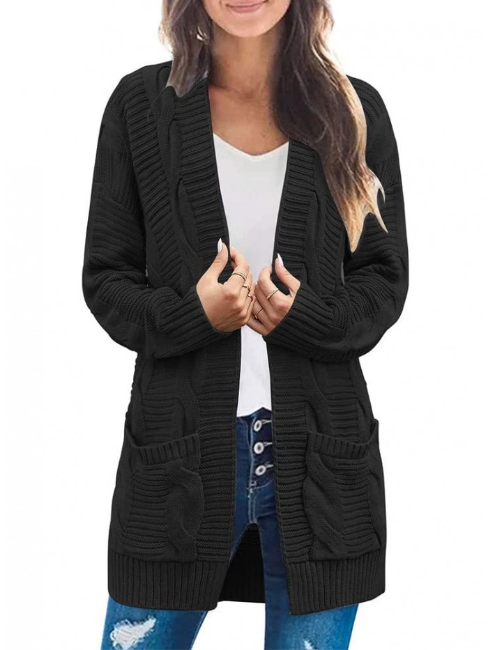 Women's Cable Knit Long Sleeve Cardigans Chunky Open Front Sweater Casual Outwear Coat with Pockets 