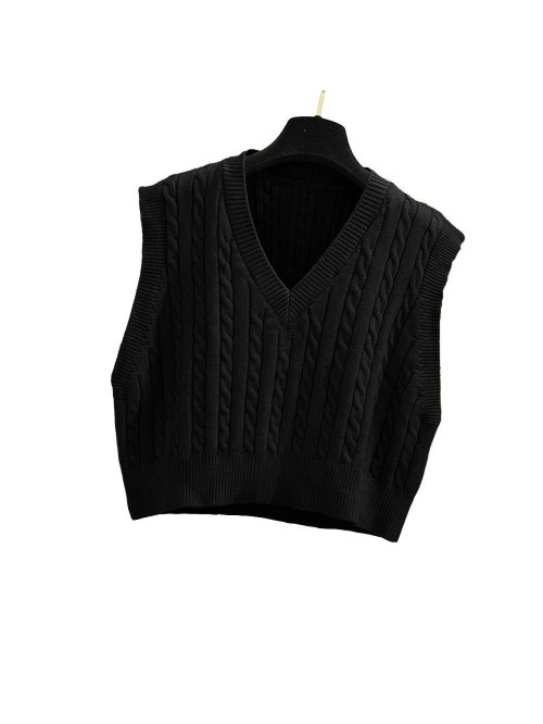 Women's V-Neck Knit Sweater Vest Solid Color Argyl...