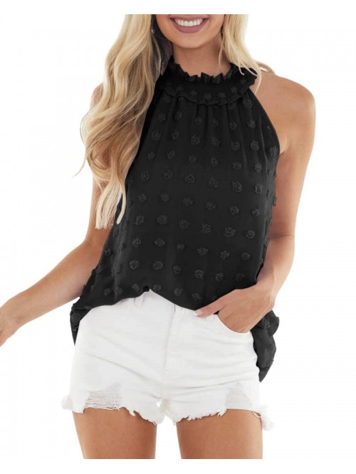 Womens Swiss Dot Halter Neck Tank Top Summer Sleev...