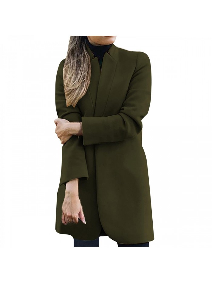 Women's Woolen Coat Autumn and Winter Long Sleeve Lapel Trench Mid Length Button Jacket Casual Solid Slim Fit Pea Coats 