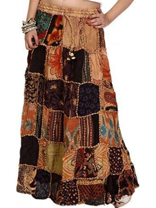 India Long Printed Dori Skirt from Gujarat with Pa...