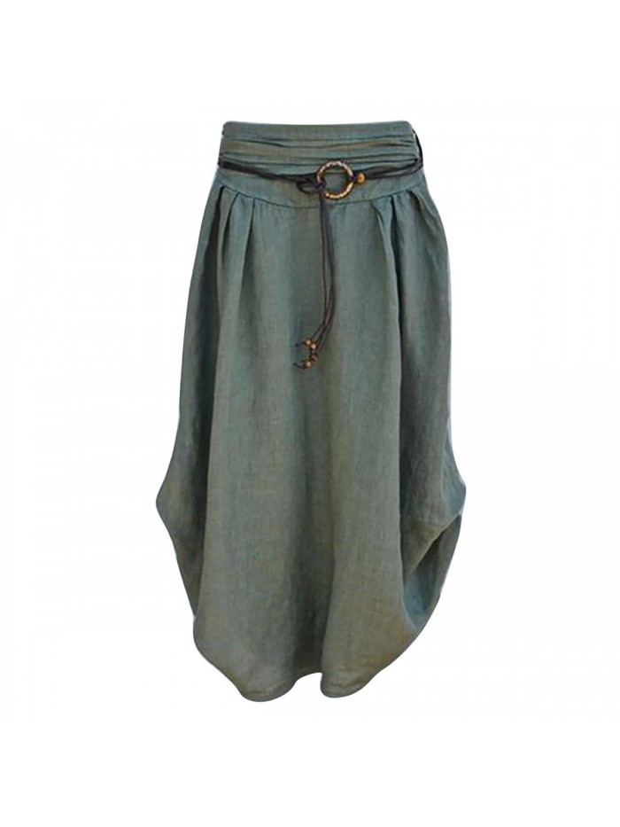 Women's Cotton Linen Skirts Ladies Fashion Casual Loose Maxi Dress Asymmetrical Hem Sashes Mid-Calf Skirt 