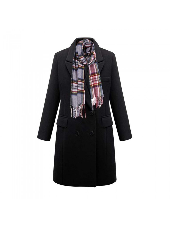 Women's Notched Lapel Wool Coat Double Breasted Long Trench Jacket Winter Pea Coat with Cashmere Scarf 