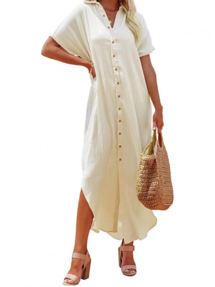 Womens Casual Short Sleeve Side Split Button Down Long Kimonos Cardigans Swimsuit Cover Ups 