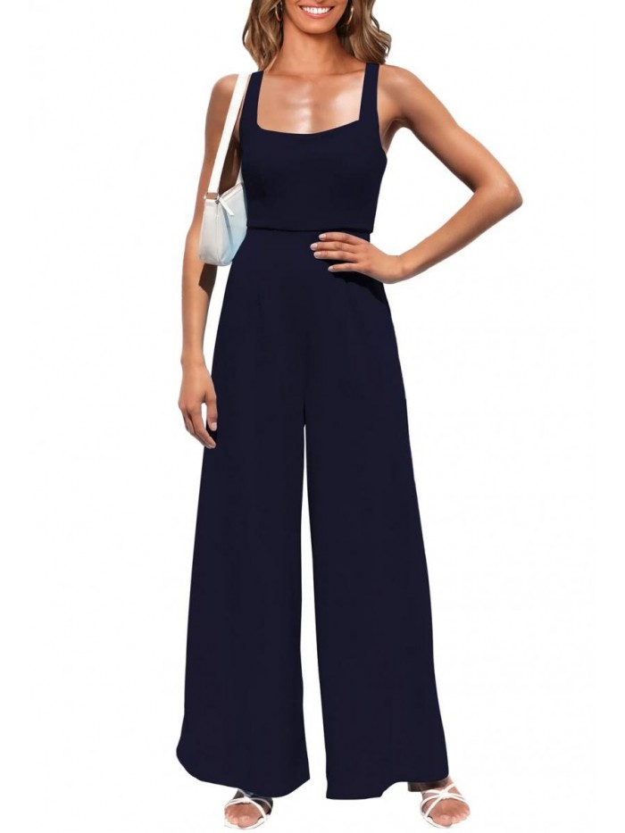 Queen Women's Square Neck Sleeveless Wide Leg Long Pants Dressy Jumpsuit Romper 