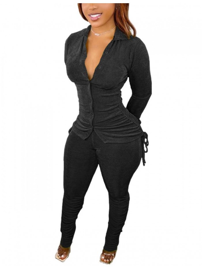 Sweatsuits for Women Set 2 Piece Tracksuit Velvet Ruched Long Sleeve Shirts and Jogging Pants Outfits 