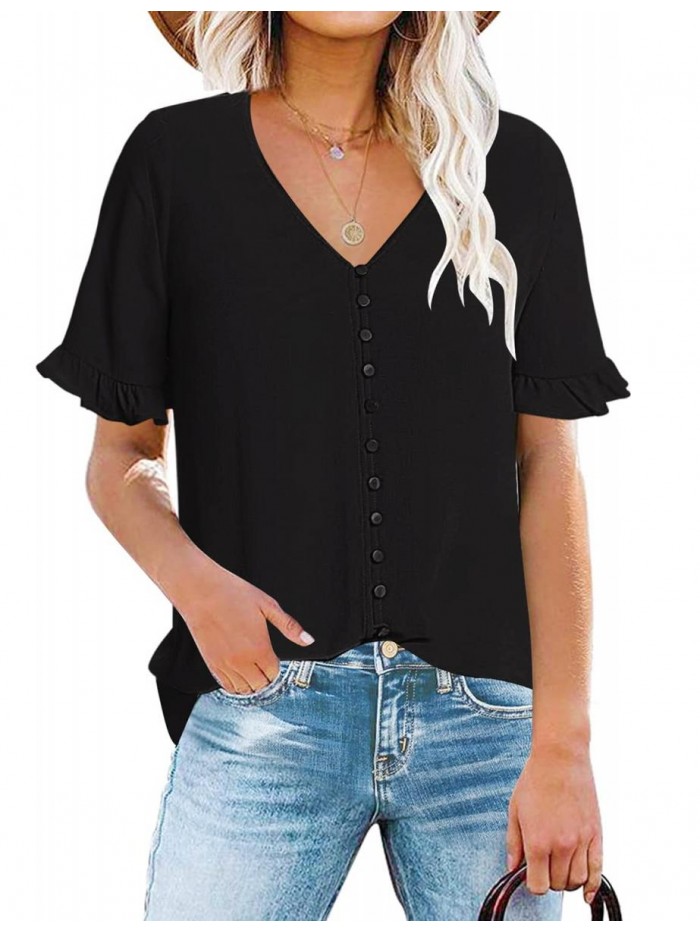 Women's Casual Tops Short Sleeve V Neck Button Down Blouses Summer Shirts 