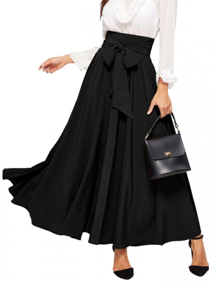 Women's Elegant High Waist Skirt Tie Front Pleated Maxi Skirts 