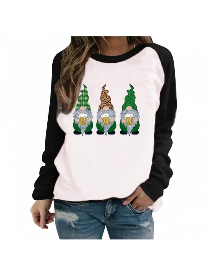 Patrick's Day Gnome Holding Shamrock Graphic Shirt for Women Long Sleeve Round Neck Pullover Sweatshirt Tees Tops 