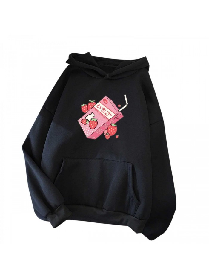 Long Sleeve Tops Casual Fall Strawberry Milk Cartoon Print Crewneck Drawstring Hoodies Pullover with Pockets 