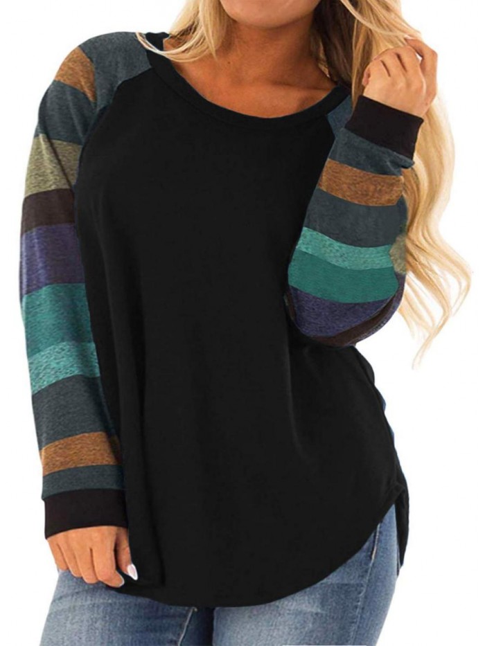 Womens Plus Size Long Sleeve Tunic Crewneck Colorblock Striped Tee Shirt 