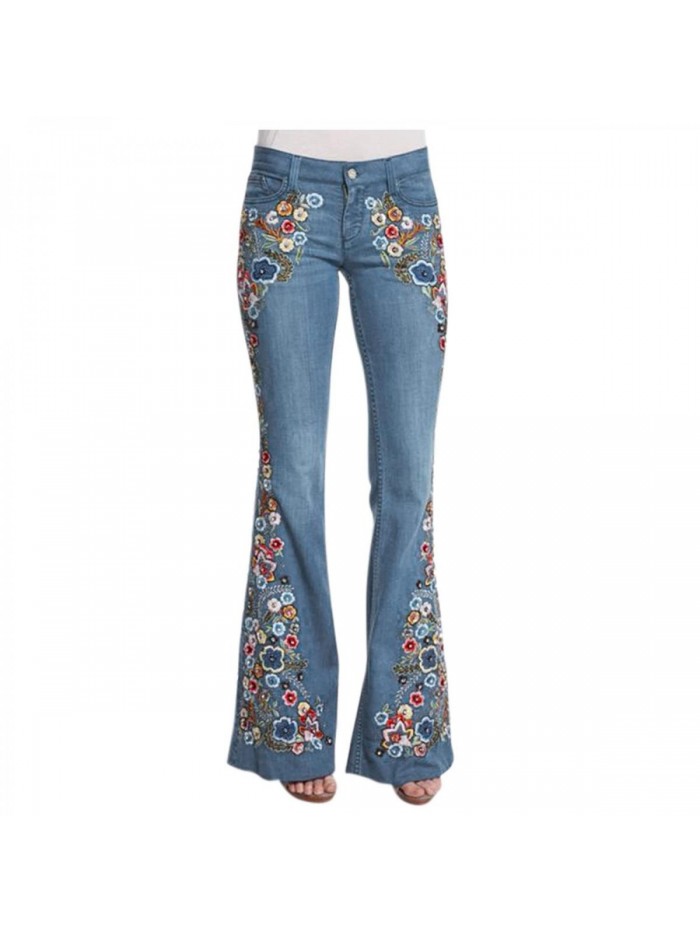 Bottom Flare Jeans for Womens Chic Floral Embroidered Broad Feet Denim Pants Girls Trend Straight Leg Jeans  