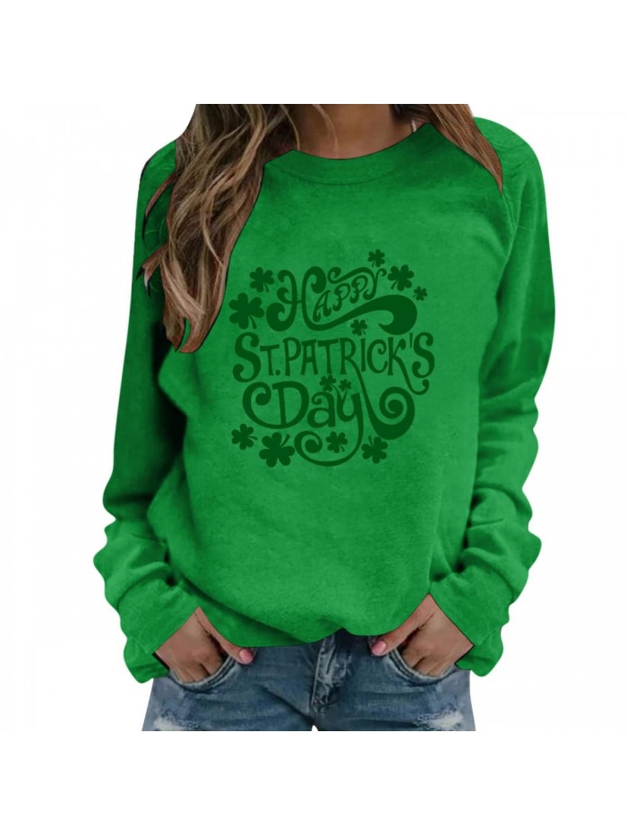 Casual Long Sleeve Shirts for Womens HAPPY St. Patrick's Day Letter Printing Shamrock Sweatshirt Comfy Plus Size Tops 