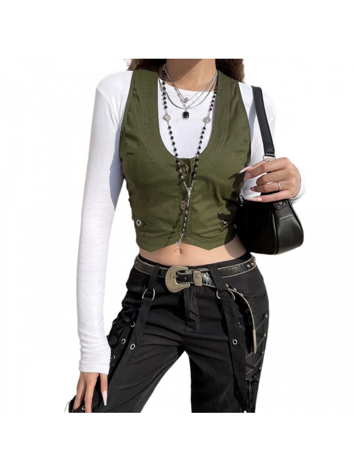 Waistcoat Vest Button Down Dressy Suit Vest Versatile Racerback V-Neck Halter Vest Gothic Punk 