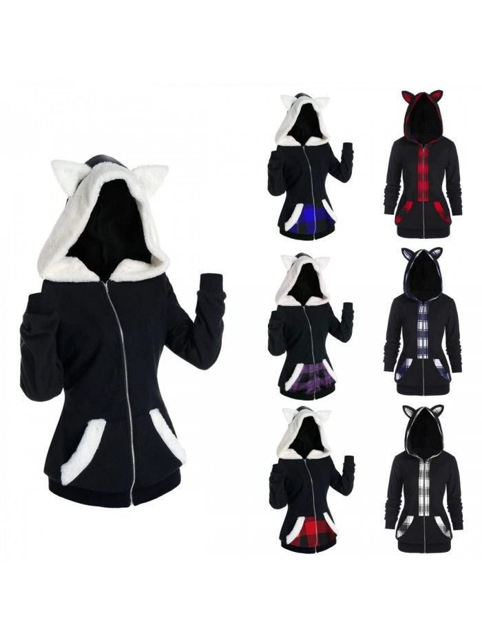 Gothic Hoodie Witchcraft Punk Cardigan Jacket Cute Cat Ear Hoodie Jacket Top Long Sweatshirt Zip up Pullover Sweater 