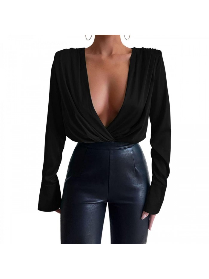 Satin Deep V Neck Long Sleeve Bodysuit Surplice Blouse Top Sexy Smooth Fashionable Formal Jumpsuits.  