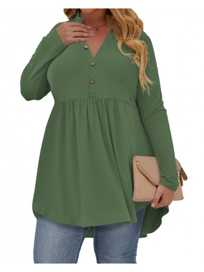 Women's Plus Size Henley Shirts V Neck Button Tunic Tops Long Sleeve Tunics 