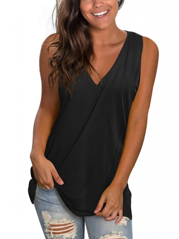 Women's Basic V Neck T Shirts Side Split Tunic Tank Tops 