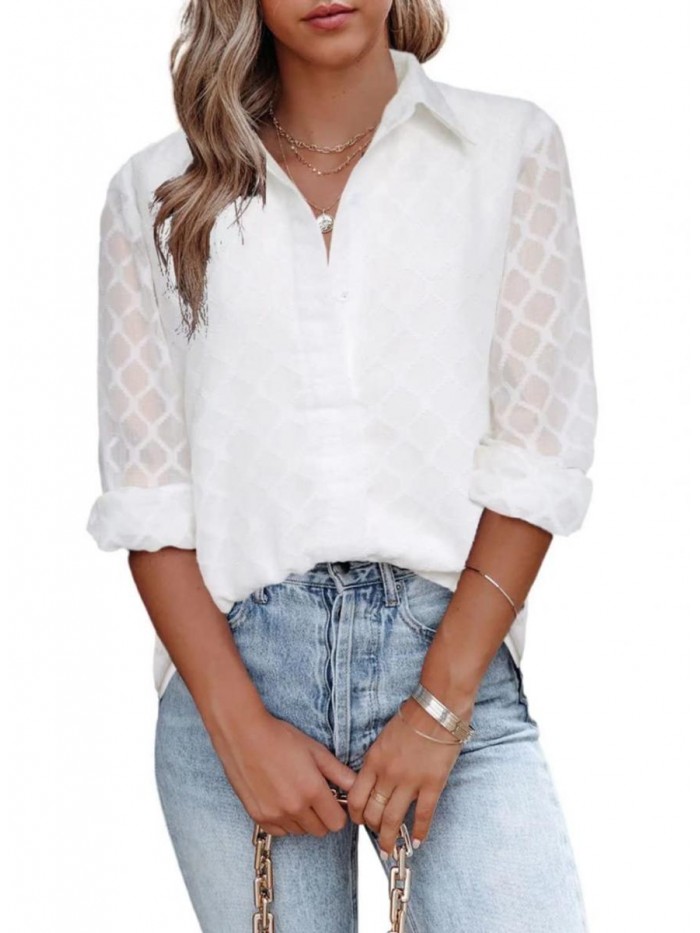 Womens Button Down Shirts Long Sleeve V Neck Blouses Tops for Work 