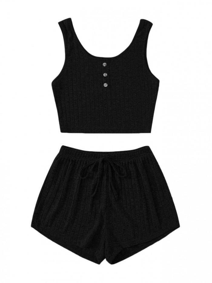 Women's 2 Piece Sleeveless Button Crop Tank Tops and Shorts Lounge Set 