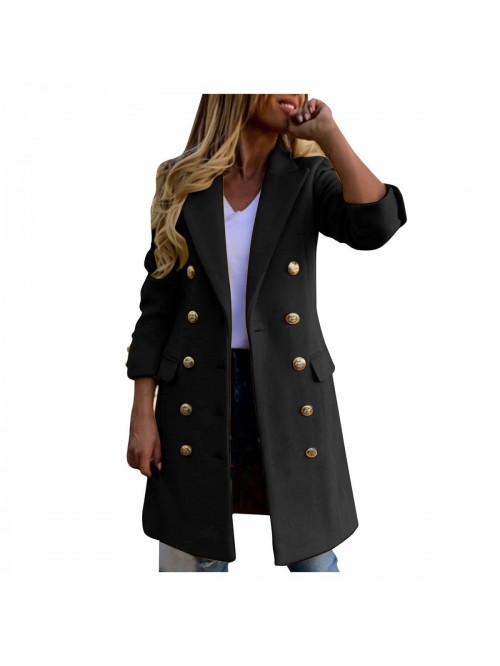 Women's Wool Blend Long Coat Notched Lapel Single ...