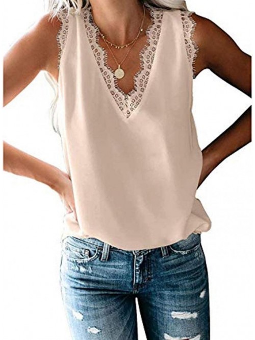 Women's V Neck Lace Trim Casual Tank Tops Sleevel...