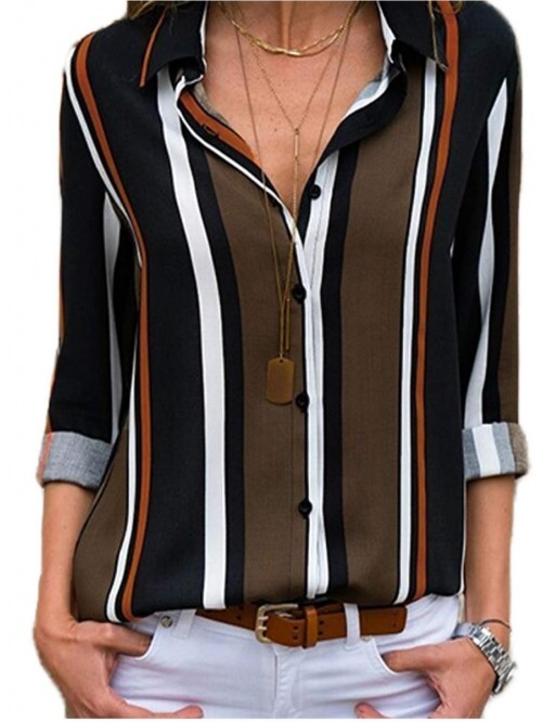 Womens V Neck Striped Roll up Sleeve Button Down B...