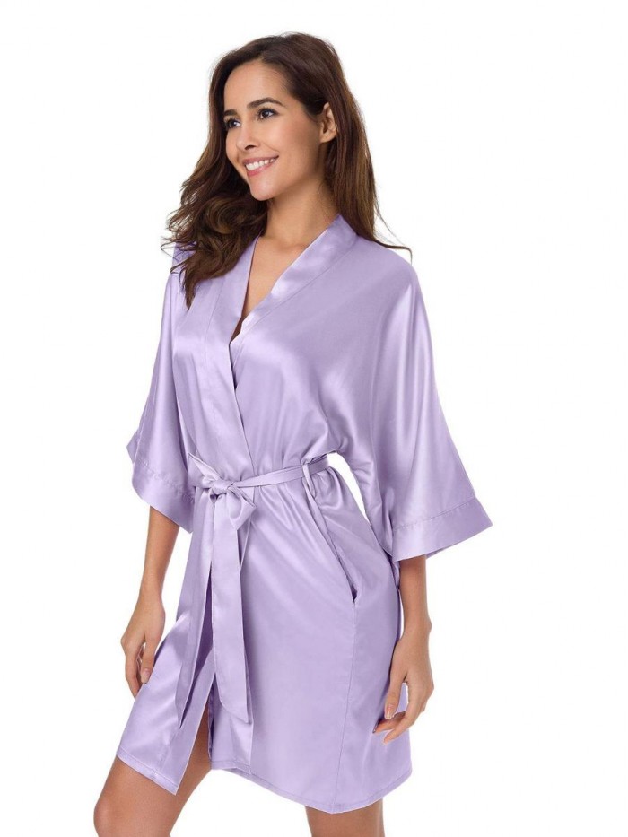 Women's Satin Robe Silk Kimono Bathrobe for Bride Bridesmaids Wedding Party Loungewear Short S-XXL 