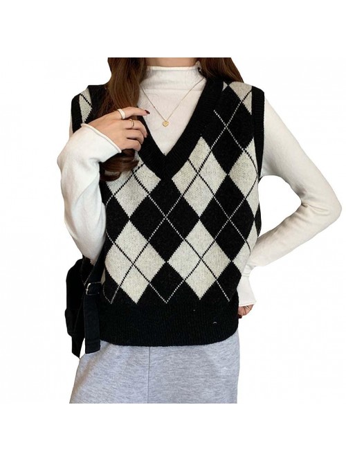 Sleeveless V-Neck Argyle Plaid Knitted Sweater Ves...