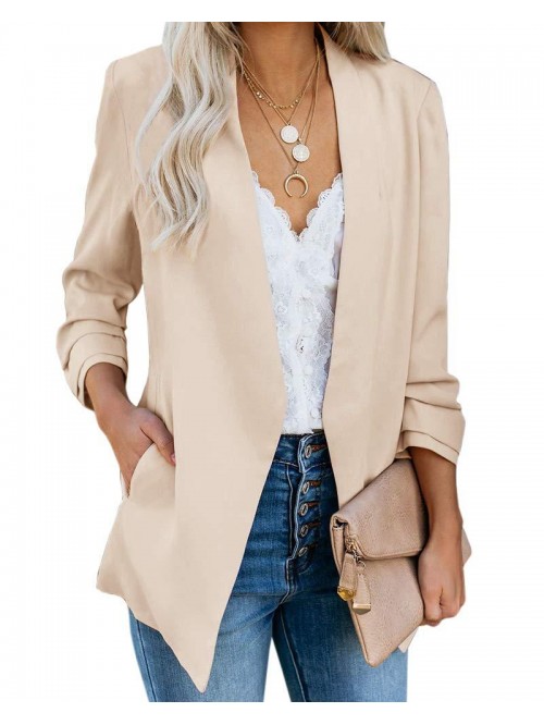 Womens Casual Blazer Ruched 3/4 Sleeve Open Front ...