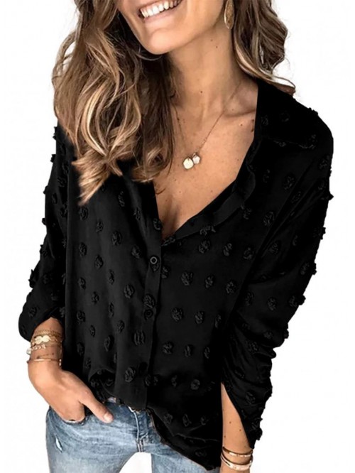 Womens V Neck Chiffon Blouse Pom Pom Long Sleeve B...