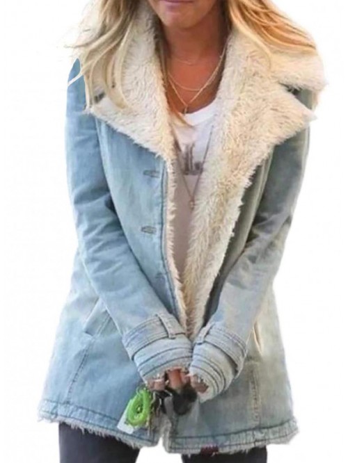 Women Denim Faux Fur Long Sleeve Lapel Collar Over...