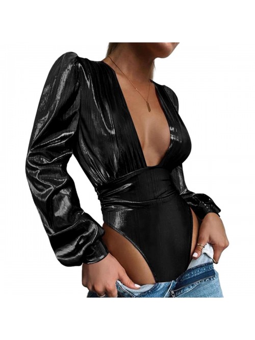 Sexy Deep V Neck Bodysuit, Sparkly Long Sleeve Bod...