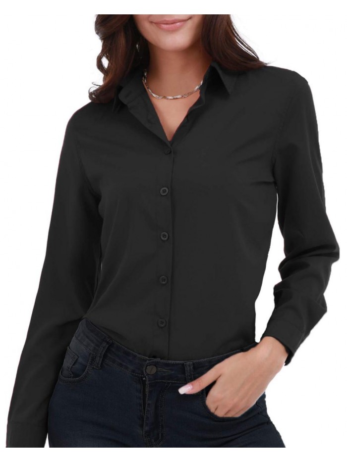 Women's Basic Button Down Shirts Long Sleeve Plus Size Simple Stretch Formal Casual Shirt Blouse 