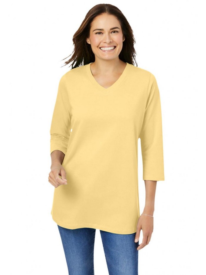 Within Women's Plus Size Perfect Three-Quarter Sleeve V-Neck Tee Shirt 